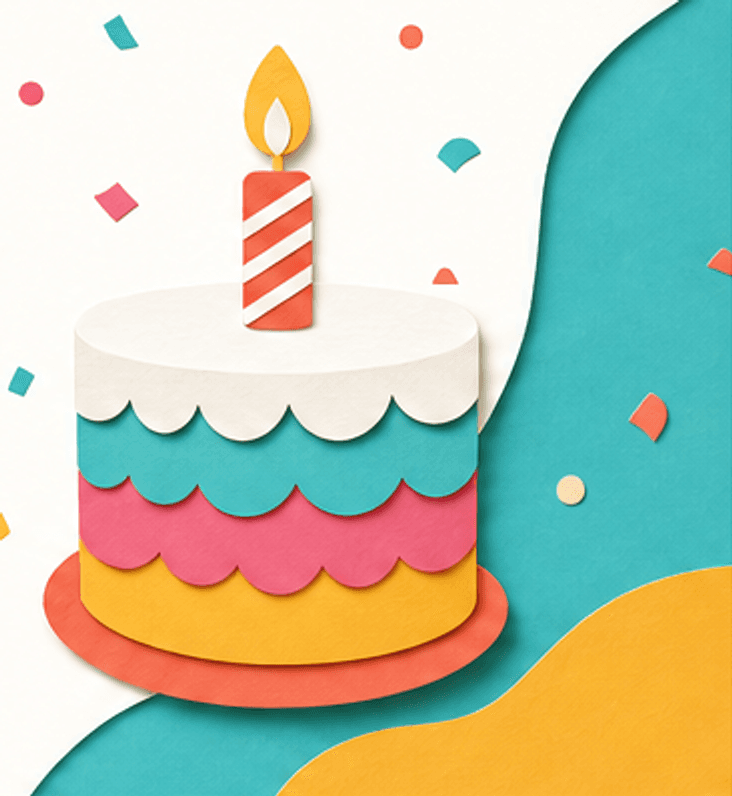 Paper-cut birthday cake with candle and confetti